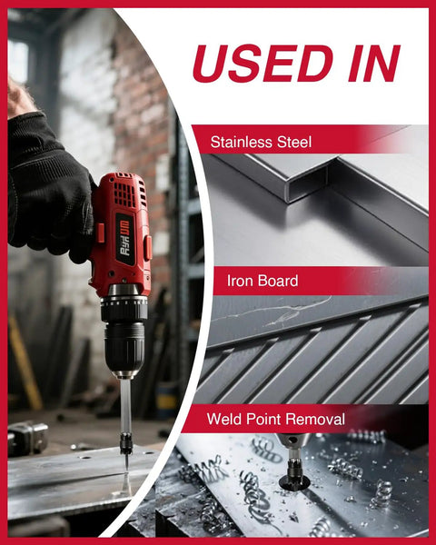 18 Piece Spot Weld Cutter Kit in action on stainless steel, iron board, and weld point removal using hex shank drill.