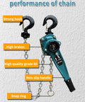 Heavy Duty Manual Lever Chain Hoist With 1.6 Ton Capacity, showing improved anti-rust chain, hooks, brakes, and handle