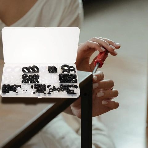 180 Piece Rubber Grommet Kit For Wiring And Ceiling Fans, Heavy Duty Sealing Rings That Lock In Tight And Stop Leaks, Assorted Sizes For Safe Cable Protection And Easy DIY Install, open case