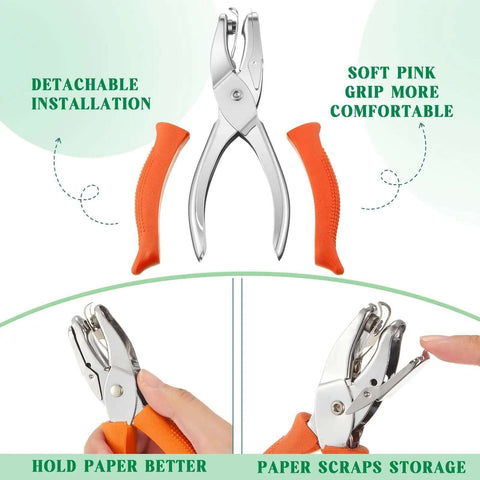 Three Piece Hole Punch Set With Round Heart And Star Shapes For One Quarter Inch And Three Sixteenth Inch Holes showing metal punches with soft grip.