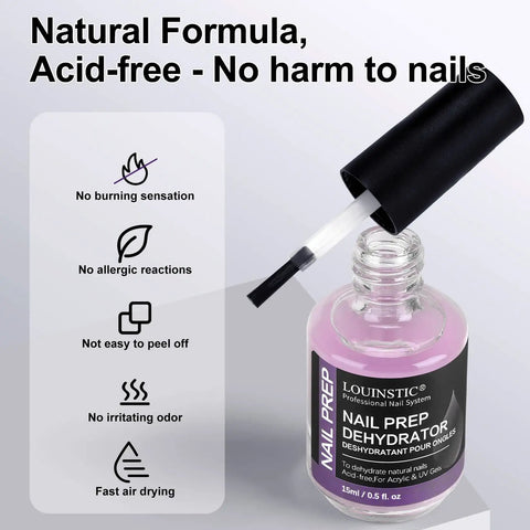 Nail Prep Dehydrator And Acid Free Primer For Quick Drying And Safe Nails Ideal For UV Gel Acrylic Gel Polish And Press On Nails Hema Free Low Odor Pro Grade Salon Quality 15ml bottle with brush.