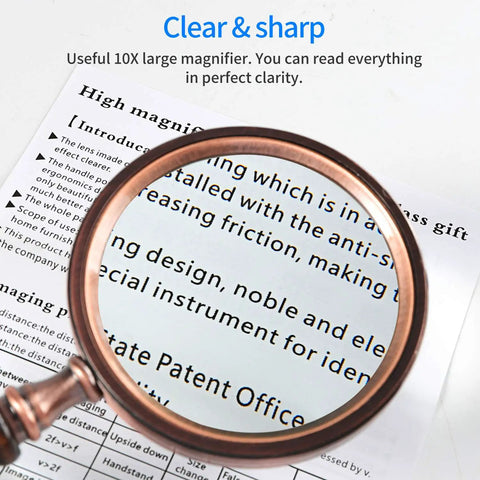 Old School 10X Magnifying Glass With Wooden Handle And Copper Frame magnifying text for clear reading