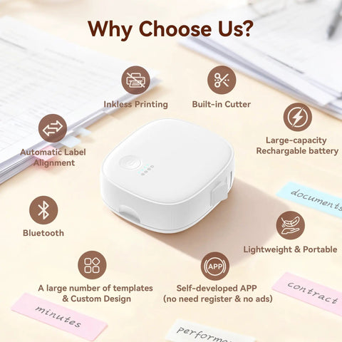Gotta Love This Straight Up Compact Bluetooth Label Printer With Self Adhesive Tape Wireless Thermal Mini Label Maker, showing features on desk.
