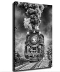 Vintage Steam Locomotive Canvas Wall Art Black And White Train Photography For Bold Industrial Decor In Living Room Office Or Man Cave 8x12 Inch Unframed Canvas, showing a front-facing view of a dramatic steam locomotive.