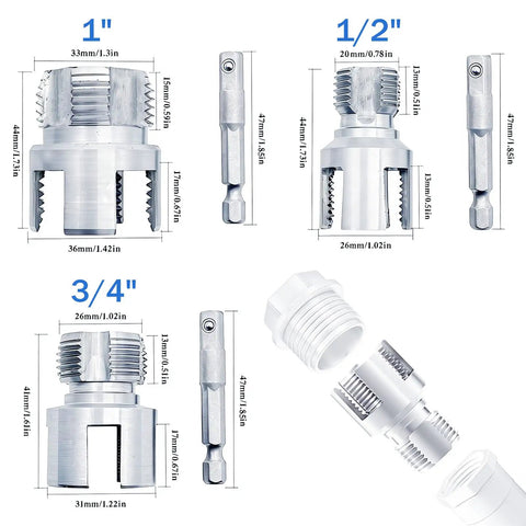 4 In 1 PVC Pipe Threader Kit For One Half Inch Three Quarter Inch One Inch Pipes With Internal And External Thread Cutting Tool Plastic Pipe Threading Tool And Water Pipe Wrench Drill Compatible For DIY Plumbing Repair, 1/2, 3/4, 1 in