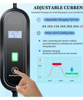 Plug And Go Portable EV Charger 7KW 32 Amp display panel showing adjustable current settings and scheduled charging features.