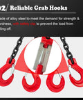 Close-up of red hooks on Beefy 11 Ton Heavy Duty Load Bearing Lifting Chains For Moving Equipment With 24251 Lbs Capacity And 4 Point 9 Foot