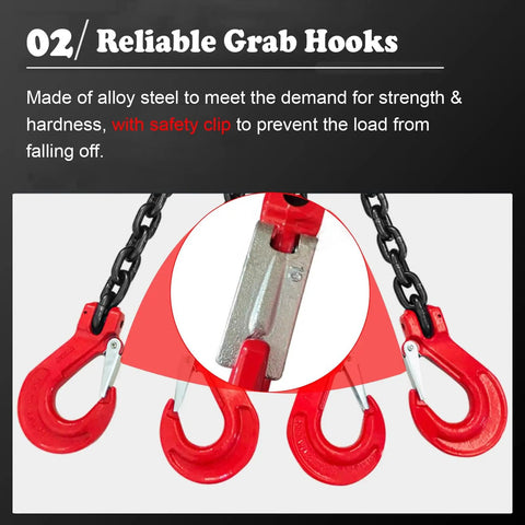 Tough As Nails Four Directional Lifting Chains With Sure Grip Grab Hooks showing reliable alloy steel grab hooks with safety clips.