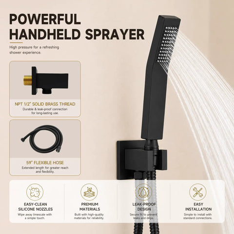 Top Shelf Heavy Duty All Metal Shower System With Tub Spout And Matte Black Finish Featuring Rock Solid 10 Inch Rain Head And Handheld Sprayer Built With Durable Valve