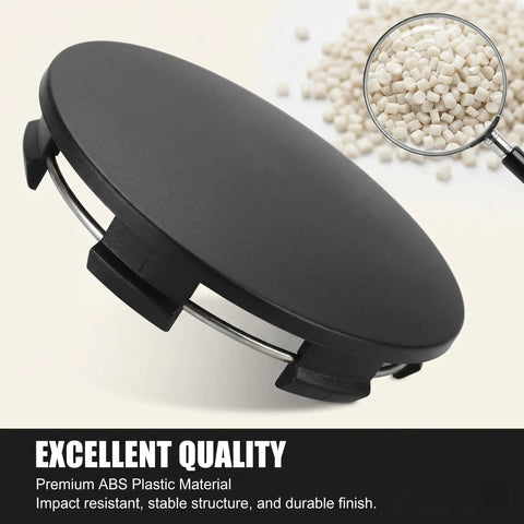 Close-up view of Road Ready 4 Pack Universal Car Wheel Center Caps 2.36 Inch Snap In Hub Cover Replacement Abs Plastic Rim Caps for Daily Drivers, showing black finish.