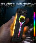 Hand holding Flat EDC Flashlight Rechargeable With 1800 Lumens RGB And UV Light Magnetic Base Dual Switch Stepless Dimming USB C