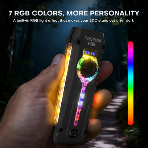 Hand holding Flat EDC Flashlight Rechargeable With 1800 Lumens RGB And UV Light Magnetic Base Dual Switch Stepless Dimming USB C