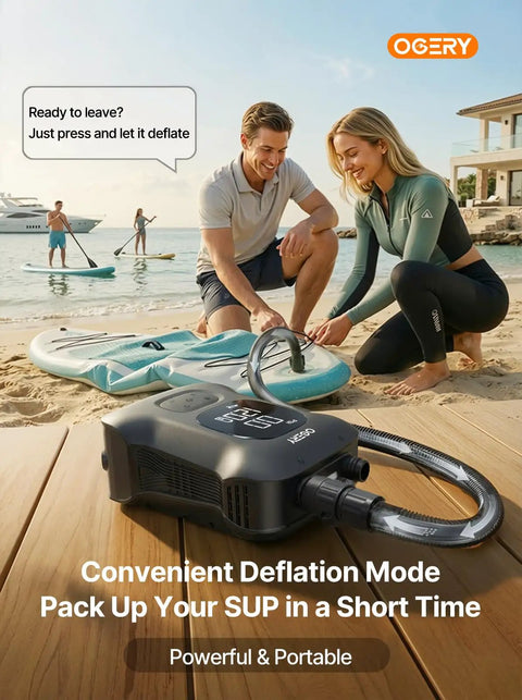 Cordless Paddle Board Pump With Long Battery Life Inflates 4.5 SUPs Up To 20 PSI shown on beach with paddleboard
