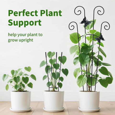 3 potted plants with 2 Pack 30 Inch Tall Plant Trellis For Potted Climbing Plants Indoor And Outdoor Expandable Metal Garden Trellis.