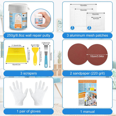 Heavy Duty Drywall Repair Kit With 8.8 Oz White Putty, Scrapers, Sandpaper And Gloves For Easy Patch For Holes And Cracks In Home Walls