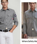Men Lightweight Flame Resistant Cotton Twill Work Shirt Water Repellent Oil Stain Proof Hardcore Industrial Workwear Built Tough For Welding Rig Job Sites in grey color, front and side view, worn by a model.