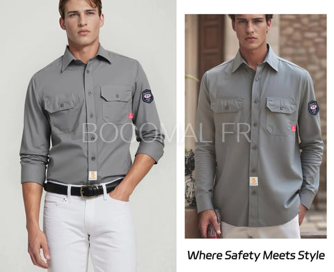 Men Lightweight Flame Resistant Cotton Twill Work Shirt Water Repellent Oil Stain Proof Hardcore Industrial Workwear Built Tough For Welding Rig Job Sites in grey color, front and side view, worn by a model.