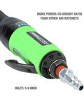 Close-up of Quarter Inch Drive Air Ratchet With 700 RPM And 50 Ft Lb Torque, focusing on compact inlet and lightweight design.