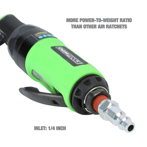 Close-up of Quarter Inch Drive Air Ratchet With 700 RPM And 50 Ft Lb Torque, focusing on compact inlet and lightweight design.