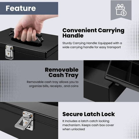 Heavy Duty Black Cash Box With Lock And 7 Compartment Money Tray For Small Businesses, steel petty cash box with secure latch