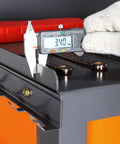Heavy Duty Steel Workbench Garage Tool Organizer Cabinet With Pegboard And Hanging Parts Bins For Workshop Storage includes a digital caliper measuring tools.