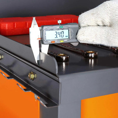 Heavy Duty Steel Workbench Garage Tool Organizer Cabinet With Pegboard And Hanging Parts Bins For Workshop Storage includes a digital caliper measuring tools.