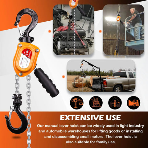 Front view of an orange 1/2-ton manual lever hoist with chain and hook.