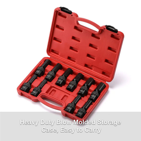 Open red storage case holding Ten Piece One Half Inch Drive Deep Universal Impact Socket Set Metric Ten Through Nineteen Millimeter