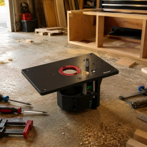 Rock Solid Router Table Insert Lift Plate With Bulletproof Stability And Dial In Height Control Heavy Duty Aluminum Alloy Mount for trim routers on workbench.