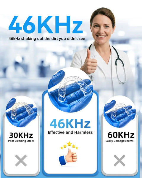 Chart showing 46KHz deep cleaning effectiveness for 2-In-1 Ultrasonic Retainer And Jewelry Cleaner With doctor giving thumbs up
