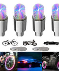 4 Pack LED Bike Wheel Light Valve Caps Waterproof Tire Valve Stems Spoke Flash Lights Colorful Reflector Accessories For Bikes Cars And Motorcycles With 10 Extra Batteries For Safer Night Riding, shown with a bicycle, motorcycle, and car.