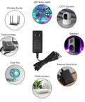 12V 2A Power Supply AC Adapter Two Pack 24W DC Converter with 5.5mm by 2.1mm plug shown with compatible devices like LED lights and CCTV.