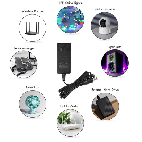 12V 2A Power Supply AC Adapter Two Pack 24W DC Converter with 5.5mm by 2.1mm plug shown with compatible devices like LED lights and CCTV.
