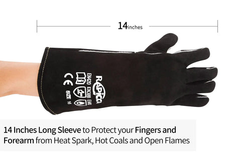 14-inch heat resistant fireplace glove on hand, showing fireproof leather with forearm protection and labeling.