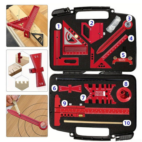 Pro Grade Woodworking Measuring And Scribing Tool Set With 9 Piece Precision Kit For Carpentry And DIY Projects Durable Aluminum Alloy Tools In A Handy Storage Box displaying various measuring tools including a dovetail gauge and angle ruler in a red storage case.