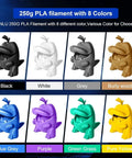 3D printed figures in 8 colors using 250g PLA filament; black, white, grey, burly wood, blue, purple, green grass, pure yellow.