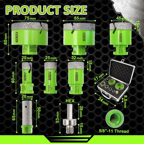 Image of Pro Grade Diamond Core Drill Bits Set for Porcelain Ceramic Tile Granite Marble Heavy Duty All In One 8 Piece Hole Saw Kit With 20 25 32 45 65 75 Mm Diamond Bits 20F Diamond Finger Bit Hex Shank Adapter, showing various bit sizes and storage case.