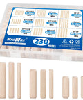 Nine Sizes 230 Piece Wood Dowel Kit With Fluted Twill Grooved Dowel Pins In One Quarter Inch, Five Sixteenths Inch, And Three Eighths Inch