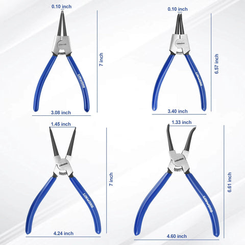 7 Inch Snap Ring Pliers Set Four Piece Circlip Pliers Kit with Straight and Bent Jaw Internal and External Heavy Duty C Clip Pliers for Ring Removal Retaining Blue Ergonomic Grips Built Tough.