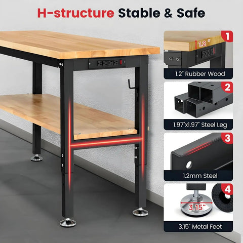 Top Shelf 48 Inch Adjustable Workbench With Thick Rubberwood Top And Knockout Steel Frame Including Pegboard Storage Rack Plus Built In Power Outlet For Weekend Woodworking