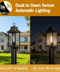 Dusk to Dawn Outdoor Post Light 19.29 Inch Matte Black Lamp Post With Pier Mount in front of house, day and night view