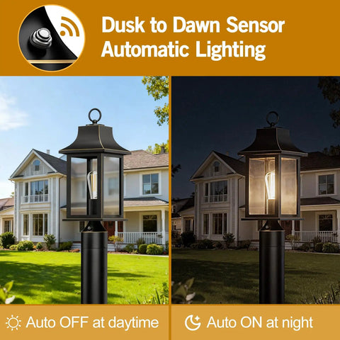 Dusk to Dawn Outdoor Post Light 19.29 Inch Matte Black Lamp Post With Pier Mount in front of house, day and night view