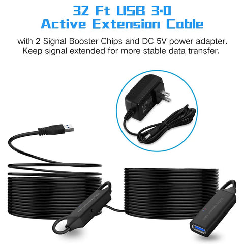 32 Foot USB 3.0 Active Extension Cable With 5V 2A Power Adapter And Built In Signal Booster Chips For Xbox One PS4 PC Printer Keyboard Mouse And Other USB 3.0 Gear