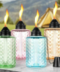 Tabletop Citronella Torches 4 Pack For Outdoor Lighting, Glass Torch Canisters With Wick And Cap, 12oz Each, Multi Color
