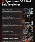 Infographic showing 5 symptoms of a bad belt tensioner, including images of car parts and text descriptions for each symptom.