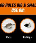 Image showing holes in walls and ceilings with text 'For Holes Big & Small Use On: Walls and Ceilings' related to Heavy Duty Wall Repair Kit With Spackling And Primer 8 Oz Tub For Patching Small And Large Holes In Walls And Ceilings Includes 4 Inch Self Adhesive Patch Putty Knife And Sanding Block For Quick Clean Fixes.