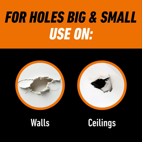 Image showing holes in walls and ceilings with text 'For Holes Big & Small Use On: Walls and Ceilings' related to Heavy Duty Wall Repair Kit With Spackling And Primer 8 Oz Tub For Patching Small And Large Holes In Walls And Ceilings Includes 4 Inch Self Adhesive Patch Putty Knife And Sanding Block For Quick Clean Fixes.