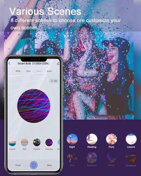 Smart A15 LED Bulbs 6W 40W Equivalent RGB Color Changing Dimmable app interface with people enjoying vibrant lighting