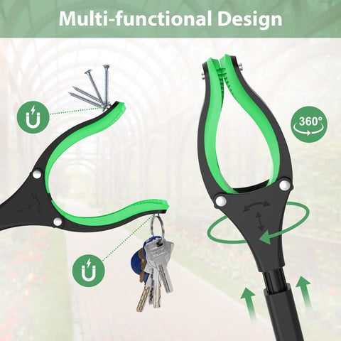 VerdiNex 52in extra-long foldable grabber/reacher tool with green/black grip, magnetic tip and 360° rotating jaw