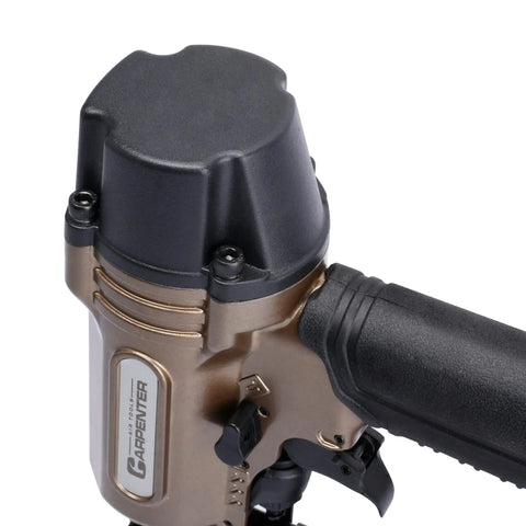 Heavy Duty Pneumatic Brad Nailer Delivers Top Notch Performance With No Hassle Quick Release And Dead Nuts Precision Depth Settings, focus on top cap and controls.